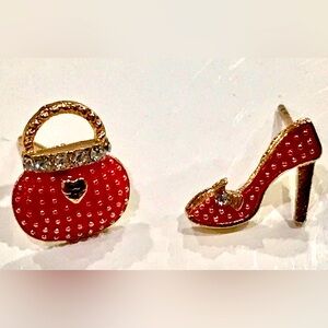 Red & Gold Polka-dotted High Heel Shoes & Purse Earrings